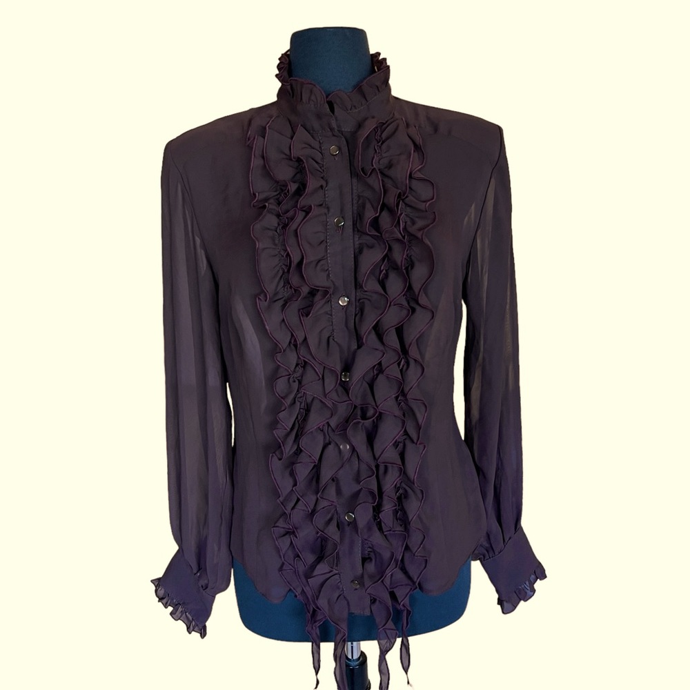 VINTAGE Ruffle Front Semi Sheer Button Down Shirt Excellent Pre-Owned Condition